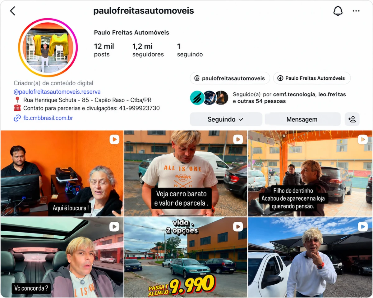 Perfil oficial de Paulo Freitas Automóveis no Instagram, com 1,2 milhão de seguidores e publicações sobre veículos