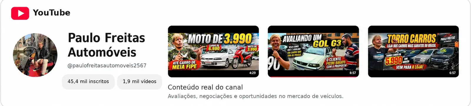 Canal oficial de Paulo Freitas Automóveis no YouTube, com 45,4 mil inscritos e mais de 1.900 vídeos
